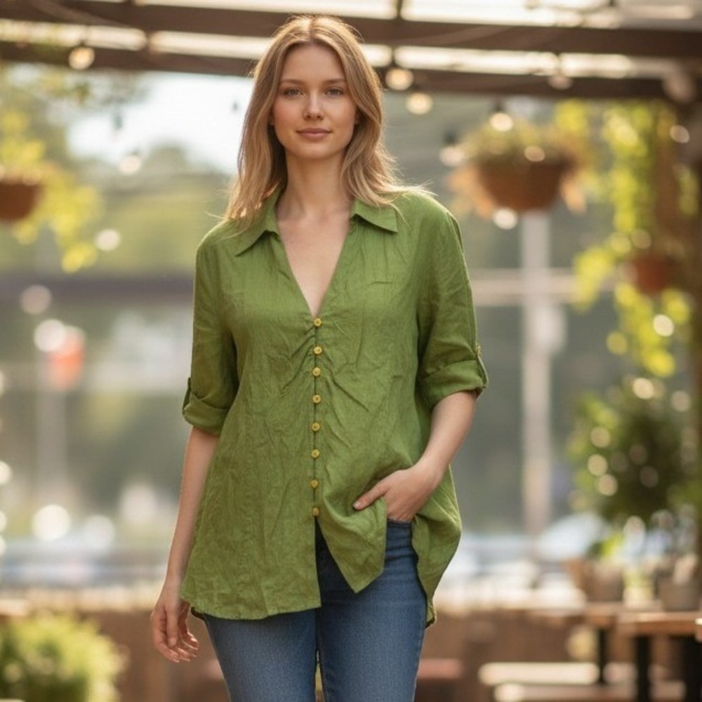 Lily Stanhope Linen Button Up Blouse Womens 1X Green Short Sleeve Casual Top